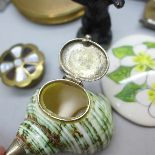 2114 - A shell perfume bottle and trinket box, two cloisonné bird figures, cold painted bear figure, Bilsto... 