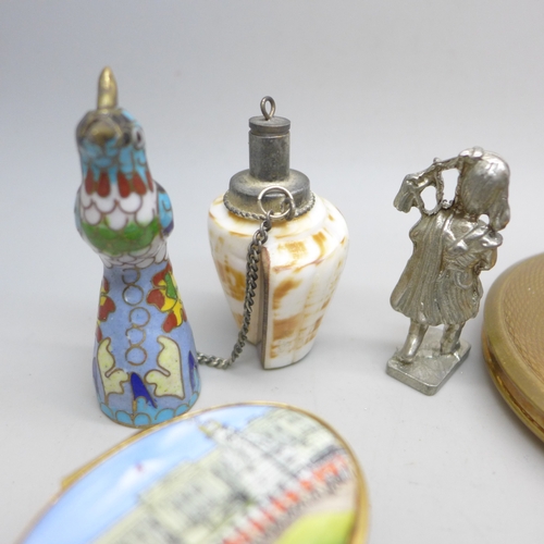 2114 - A shell perfume bottle and trinket box, two cloisonné bird figures, cold painted bear figure, Bilsto... 