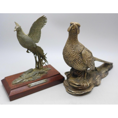 7391 - A silver covered model of a pheasant and one other (smaller example a/f), largest 13cm long