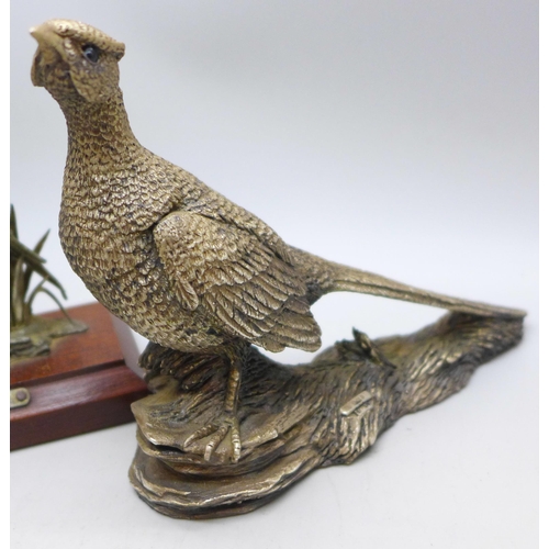 7391 - A silver covered model of a pheasant and one other (smaller example a/f), largest 13cm long