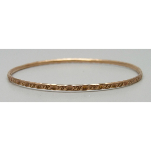 7089 - A 9ct rose gold bangle, Chester, 1908, 6.9g, 6.2cm