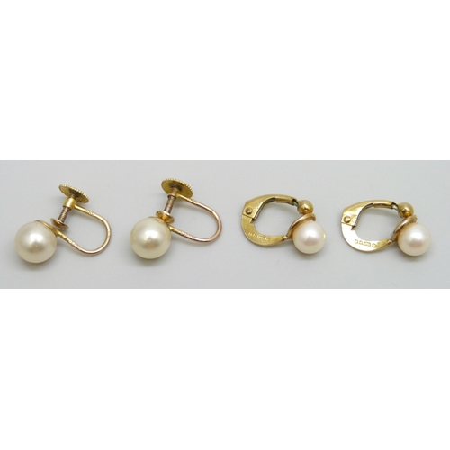 7116 - Two pairs of 9ct gold mounted pearl earrings, one faux pair, 3.8g total