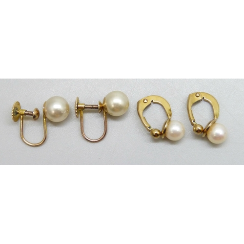 7116 - Two pairs of 9ct gold mounted pearl earrings, one faux pair, 3.8g total