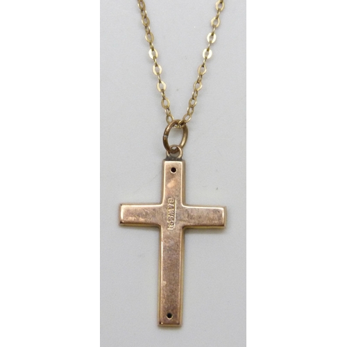 7119 - A 9ct gold cross pendant, on a 9ct gold chain, 1.9g total, pendant 3.2cm including bail