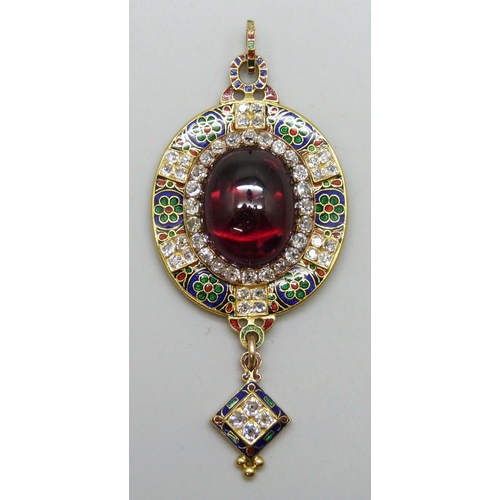 7127 - A Victorian Holbeinesque yellow metal pendant in the manner of Giuliano, with floral guilloche ename...
