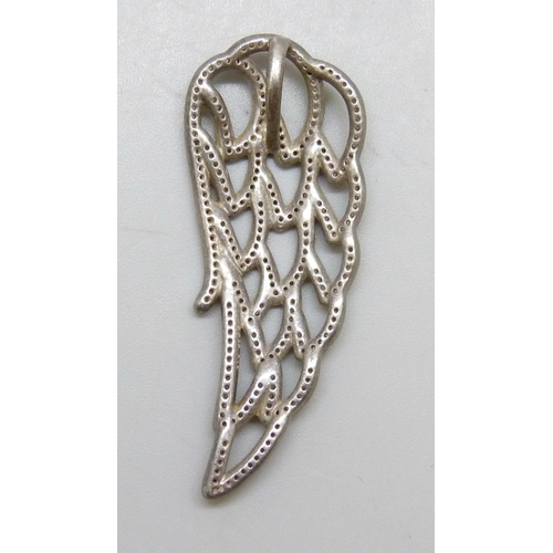 7137 - A Pandora silver angel wing design pendant set with white stones, 5cm