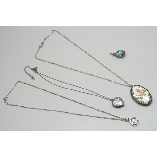 7164 - A white metal and guilloche enamel locket pendant with floral decoration, 3.7cm, a Russian enamelled... 