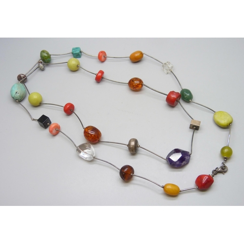 7172 - A silver mounted necklace with gemstone beads including turquoise and coral, 98g, approximately 120c... 