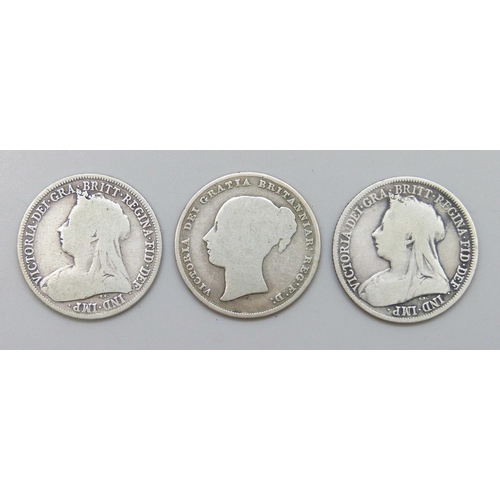 7338 - Coins - Three Victorian silver shillings 1897, 1901 and rare date 1841