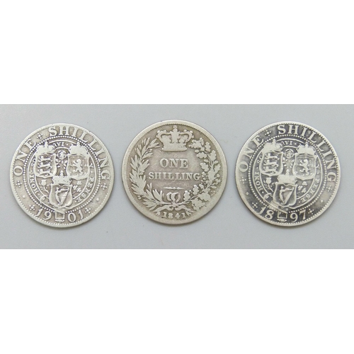 7338 - Coins - Three Victorian silver shillings 1897, 1901 and rare date 1841