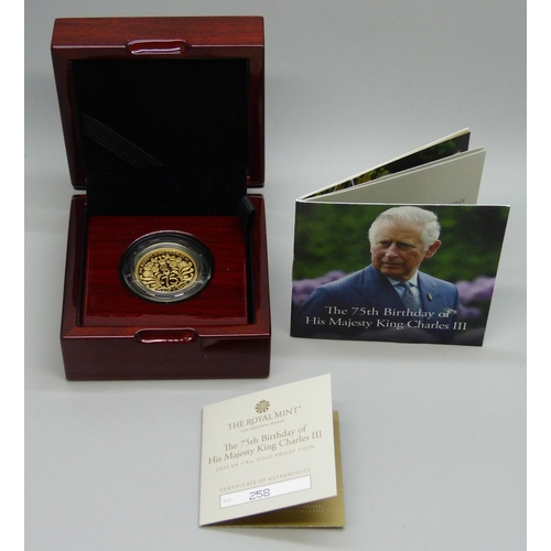7355 - Coins - The Royal Mint, The 75th Birthday of His Majesty King Charles III, 2023 UK ¼ gold proof £25 ... 