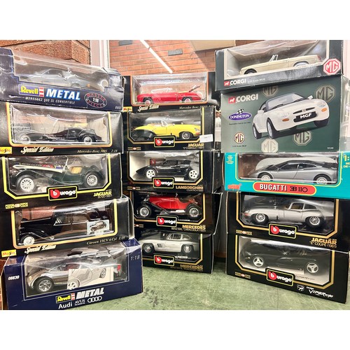 2256 - A collection of fifteen boxed model cars to include Corgi, Revell and Burago