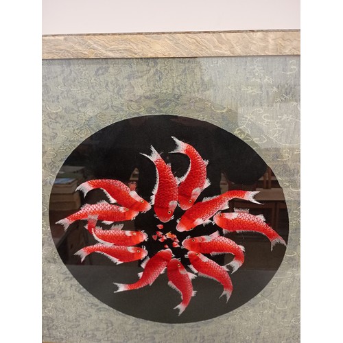 An oriental silk picture koi design, framed