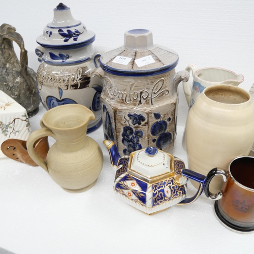 2370 - A collection of assorted china, jugs, vases, including large Rumtopf jars   *Not available for packi... 