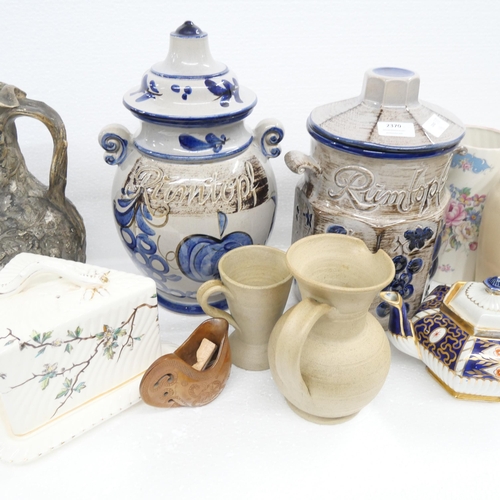 2370 - A collection of assorted china, jugs, vases, including large Rumtopf jars   *Not available for packi... 