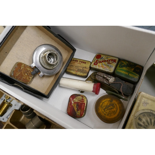 2186 - A collection of sheet music, musical box movements, gramophone needles, etc.