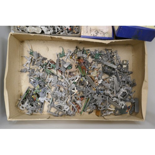 2200 - Two boxes of metal soldier figures, large collection of painted and unpainted model soldiers, mainly... 