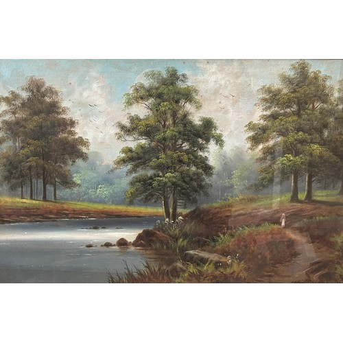 318 - English School, river landscape, gouache and watercolour, indistinctly signed, framed