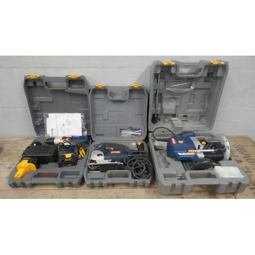 5047 - Three cased Ryobi power tools including a CDD-1201 12v drill with two batteries and charger, a EJS-6... 