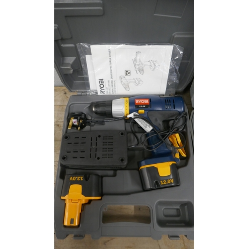 5047 - Three cased Ryobi power tools including a CDD-1201 12v drill with two batteries and charger, a EJS-6... 