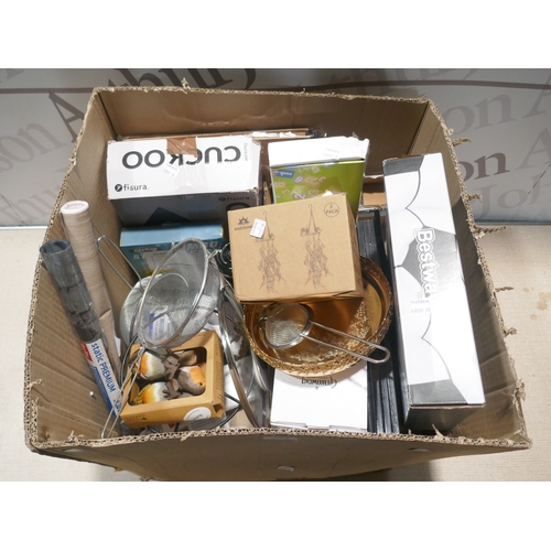 6040 - A box of miscellaneous items including blow up chair, cuckoo clock, trays, door wedge, glass jars, J... 