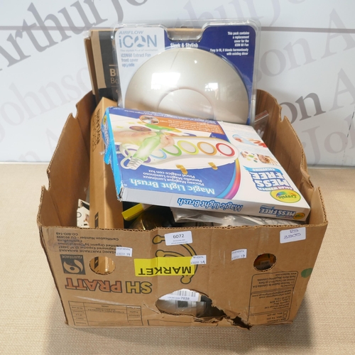 6072 - A box of miscellaneous items including door handles, staples, body fat scale, measuring tape, spanne... 