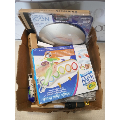 6072 - A box of miscellaneous items including door handles, staples, body fat scale, measuring tape, spanne... 