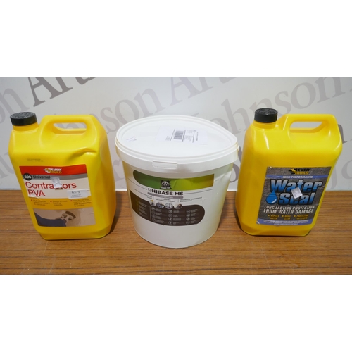 6375 - A 5 litre tub contractors PVA adhesive, Everbuild water seal and Unibase universal waterproof coatin... 