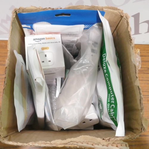 6377 - A box of cables and plugs to include USBC charging cable, deluxe computer cable, smart plugs, etc *T... 