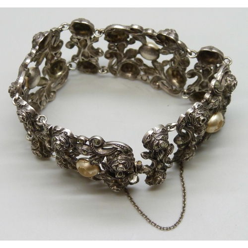 7218F - A .935 silver panel bracelet set with faux pearls and marcasite, 3.2cm wide, 58g