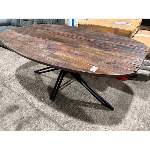 3116 - A 180cm oval railway sleeper wood dining table with X base (boxed and unchecked)