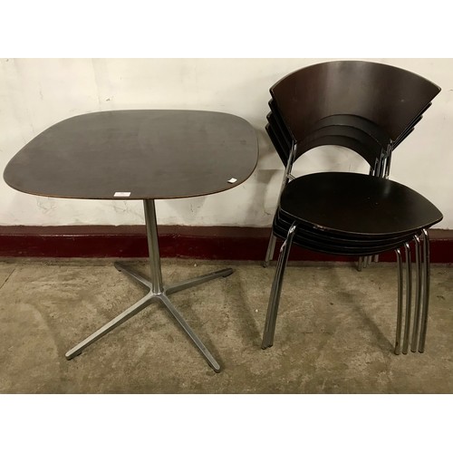 33 - An Allermuir afromosia and chrome table and four stacking chairs