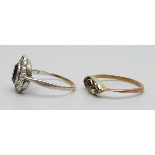 7004 - An 18ct gold and silver cluster ring, 2.5g, a 9ct gold topped stick pin, 1g, and a 9ct gold ring, a/... 