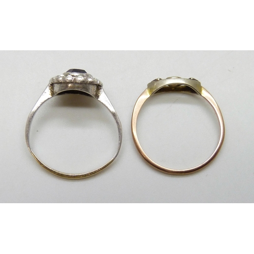 7004 - An 18ct gold and silver cluster ring, 2.5g, a 9ct gold topped stick pin, 1g, and a 9ct gold ring, a/... 
