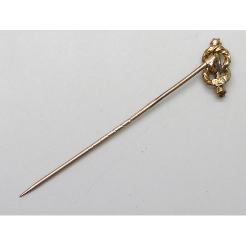 7004 - An 18ct gold and silver cluster ring, 2.5g, a 9ct gold topped stick pin, 1g, and a 9ct gold ring, a/... 