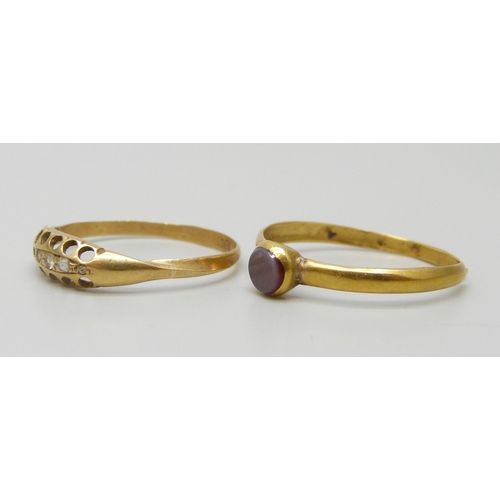 7017 - An 18ct gold ring and a yellow metal ring with control marks, a/f, 2.9g total