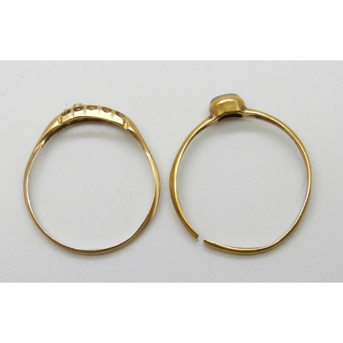 7017 - An 18ct gold ring and a yellow metal ring with control marks, a/f, 2.9g total