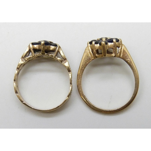 7020 - A yellow metal cluster ring, and a 9ct gold sapphire ring, both a/f, 5.1g total