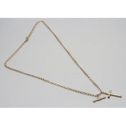 7033 - A 9ct gold curb chain necklace with cross pendant and T bar, 3.7g, 47cm