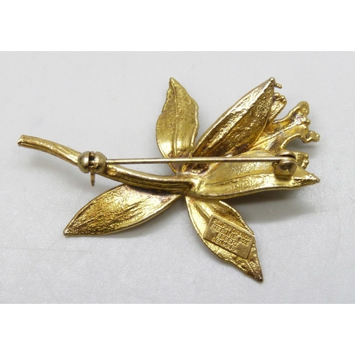 7054 - A Danish Flora Danica silver gilt flower brooch, 5cm, boxed