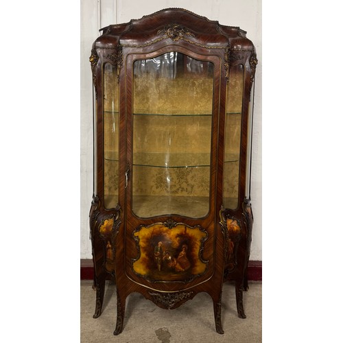 60 - A French Louis XV style mahogany and gilt metal mounted Vernis Martin serpentine vitrine