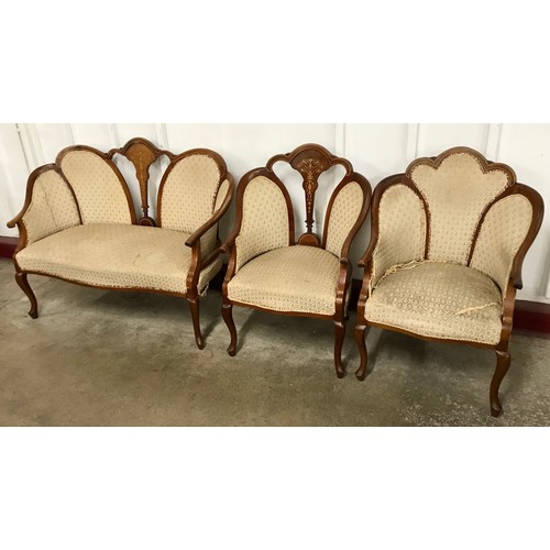 90 - An Edward VII inlaid mahogany seven piece salon suite, comprising; settee, pair of armchairs and fou... 