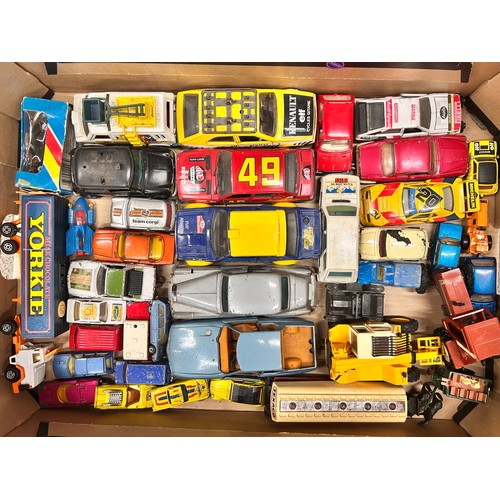 2087 - A box of approximately 40 vintage toy cars and vehicles from the 1970s onwards including Corgi, Dink... 