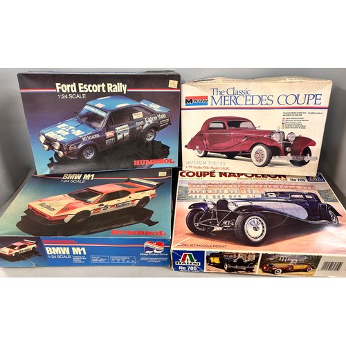 2101 - Nine assorted models cars, Humbrol, Matchbox, Ertl, Airfix, etc., all built, with boxes