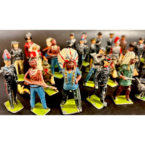 2112 - A collection of play worn vintage die-cast vehicles and other lead figures including soldiers