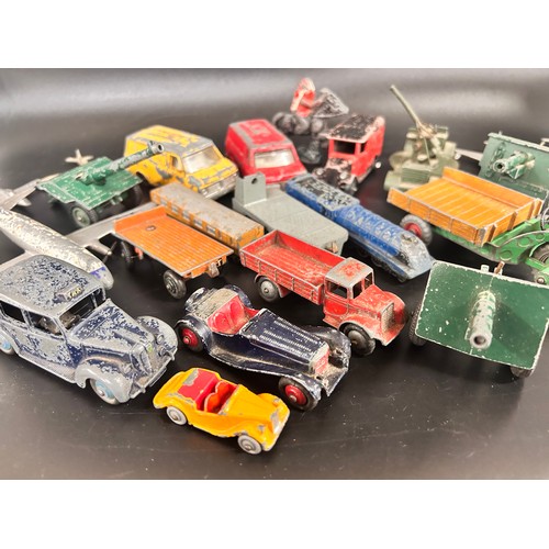 2112 - A collection of play worn vintage die-cast vehicles and other lead figures including soldiers