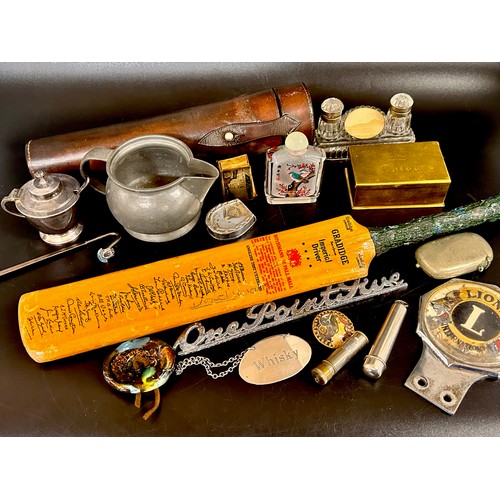 2118 - Assorted items including a Liberty Tudric pewter jug, Lions car badge, small glass inkstand, leather... 