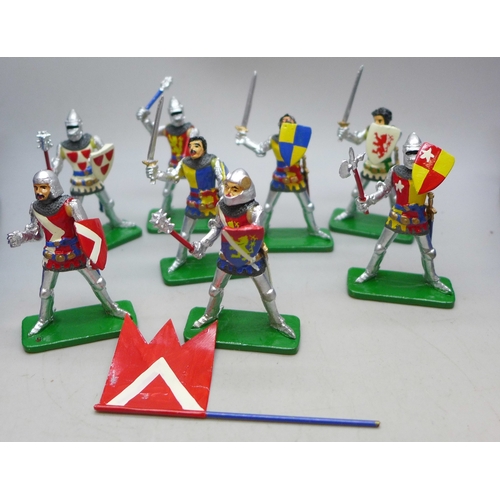 2050 - Two hand-painted lead horse mounted knight figures by Chivalry and eight similar knight figures