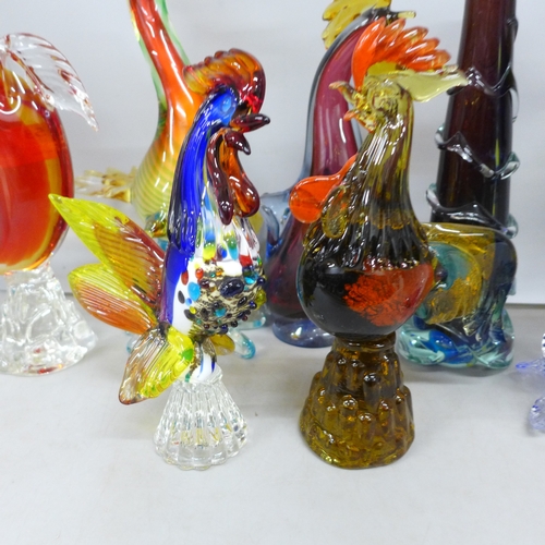 2053 - A Murano glass bird, other coloured glass birds, a fish and a M'dina glass vase
