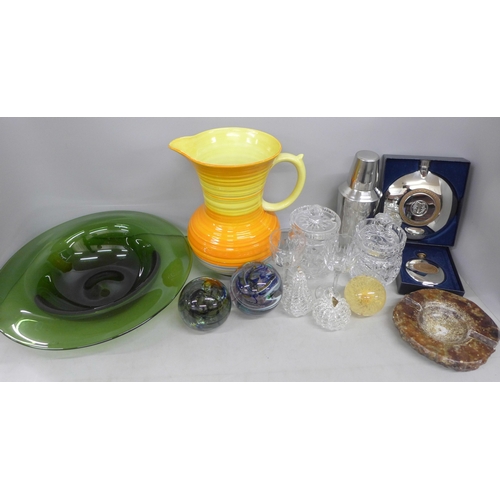 2067 - A large green glass bowl, a Shelley jug, a Martini cocktail shaker, two glass paperweights, glass fr... 